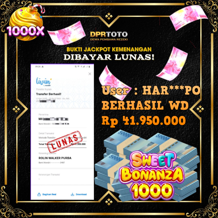 JACKPOT SLOT SWEET BONANZA 1000 WD 41.950.000  - LUNAS